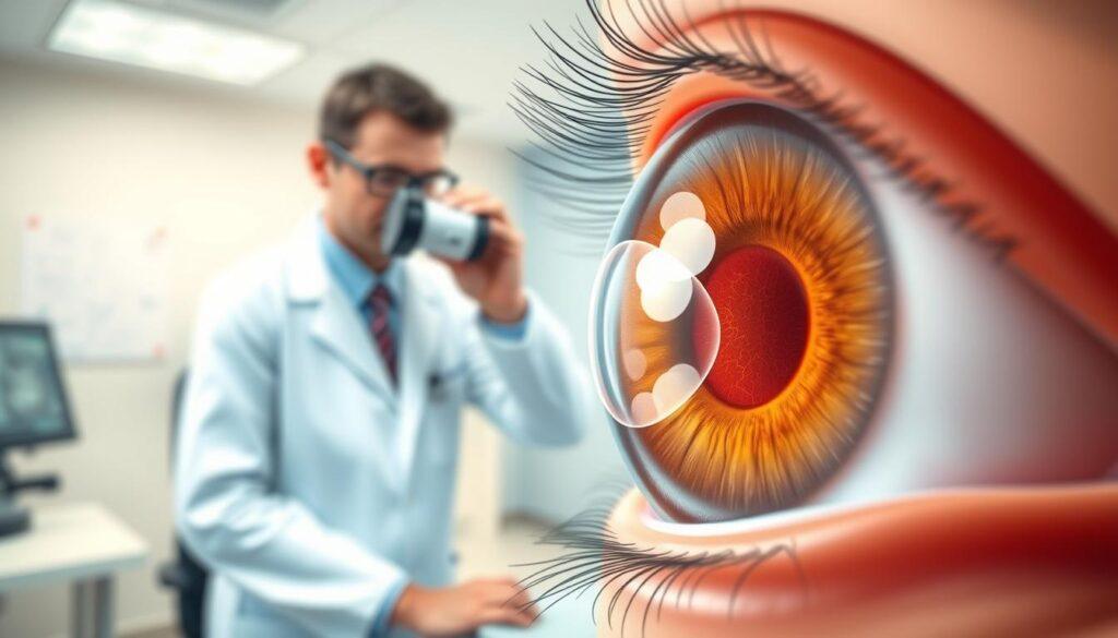 A detailed, anatomical illustration of posterior vitreous detachment (PVD) as seen during an eye examination. In the foreground, a magnified view of the eye is depicted, highlighting the vitreous gel pulling away from the retina, with clear visual differentiation between the vitreous body, the retina, and the optic nerve. In the middle ground, a healthcare professional, dressed in a white lab coat and professional attire, examines the eye using an ophthalmoscope. The background features a softly blurred clinical setting, with subtle medical equipment and charts to suggest a diagnostic environment. The lighting is bright yet soft, illuminating the eye's features while creating a clinical atmosphere that conveys professionalism and focus. A detailed, anatomical illustration of posterior vitreous detachment (PVD) as seen during an eye examination. In the foreground, a magnified view of the eye is depicted, highlighting the vitreous gel pulling away from the retina, with clear visual differentiation between the vitreous body, the retina, and the optic nerve. In the middle ground, a healthcare professional, dressed in a white lab coat and professional attire, examines the eye using an ophthalmoscope. The background features a softly blurred clinical setting, with subtle medical equipment and charts to suggest a diagnostic environment. The lighting is bright yet soft, illuminating the eye's features while creating a clinical atmosphere that conveys professionalism and focus.