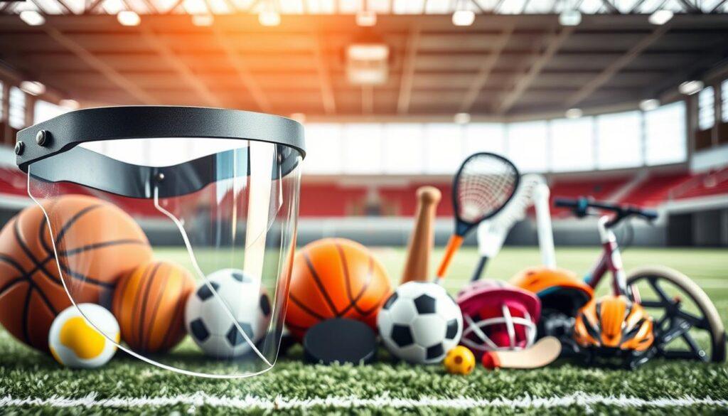 A detailed close-up of a protective face shield designed for sports, showcasing its clear, high-visibility visor and adjustable straps. The shield is positioned in the foreground, reflecting light at various angles to highlight its durability and transparency. In the middle ground, illustrate a variety of sports equipment like a basketball, racquetball, soccer ball, baseball bat, lacrosse stick, hockey puck, and biking helmet, all arranged in an orderly fashion to emphasize their connection to protective gear. The background should be softly blurred, featuring a sports arena or outdoor athletic field, creating an energetic and dynamic atmosphere. Natural lighting enhances the image, giving it a vibrant and professional feel, emphasizing safety in sports and protective eyewear. A detailed close-up of a protective face shield designed for sports, showcasing its clear, high-visibility visor and adjustable straps. The shield is positioned in the foreground, reflecting light at various angles to highlight its durability and transparency. In the middle ground, illustrate a variety of sports equipment like a basketball, racquetball, soccer ball, baseball bat, lacrosse stick, hockey puck, and biking helmet, all arranged in an orderly fashion to emphasize their connection to protective gear. The background should be softly blurred, featuring a sports arena or outdoor athletic field, creating an energetic and dynamic atmosphere. Natural lighting enhances the image, giving it a vibrant and professional feel, emphasizing safety in sports and protective eyewear.