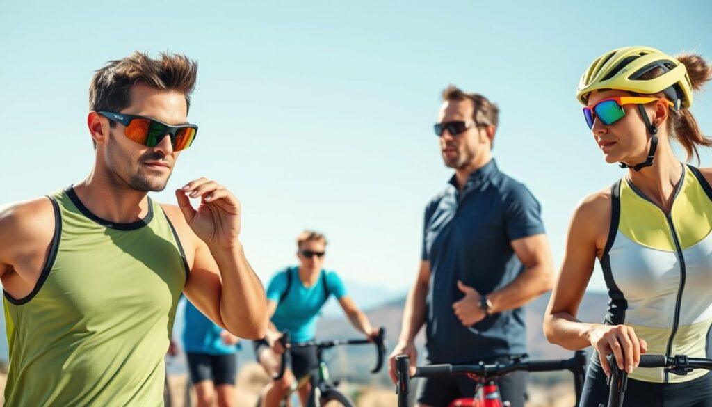 A dynamic scene showcasing a diverse group of athletes engaged in eye health habits. In the foreground, a male runner wearing wraparound UV protection sunglasses, adjusting his lens color for optimal visibility in bright sunlight. Beside him, a female cyclist wearing aerodynamic sunglasses with a wind-resistant, colorful frame prepares for a ride, her focused expression reflecting determination. In the middle ground, a coach shares tips on eye safety with athletes, emphasizing UV defense and choosing the right lens colors according to terrain and weather conditions. The background features a vibrant outdoor setting, with a clear blue sky, gentle wind, and blurred mountains to suggest a challenging environment. The lighting is bright and sunny, casting soft shadows, creating an atmosphere of energy and motivation. A dynamic scene showcasing a diverse group of athletes engaged in eye health habits. In the foreground, a male runner wearing wraparound UV protection sunglasses, adjusting his lens color for optimal visibility in bright sunlight. Beside him, a female cyclist wearing aerodynamic sunglasses with a wind-resistant, colorful frame prepares for a ride, her focused expression reflecting determination. In the middle ground, a coach shares tips on eye safety with athletes, emphasizing UV defense and choosing the right lens colors according to terrain and weather conditions. The background features a vibrant outdoor setting, with a clear blue sky, gentle wind, and blurred mountains to suggest a challenging environment. The lighting is bright and sunny, casting soft shadows, creating an atmosphere of energy and motivation.