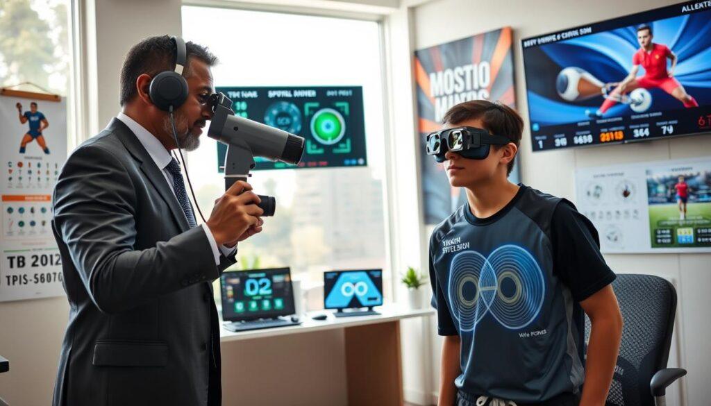 A dynamic scene showcasing an optometry sports specialist in a bright, modern clinic. In the foreground, the specialist, dressed in professional business attire, uses high-tech equipment to assess a young athlete's vision. The middle ground features the athlete wearing sports gear, engaged in a vision test involving tracking moving objects. Various vision charts and digital display screens surround them, illustrating metrics related to depth perception and decision speed. The background is filled with motivational sports posters and soft, natural lighting from large windows, creating an energetic yet focused atmosphere. The composition captures the urgency and precision of sports vision assessments, conveying the importance of eye health in athletic performance. A dynamic scene showcasing an optometry sports specialist in a bright, modern clinic. In the foreground, the specialist, dressed in professional business attire, uses high-tech equipment to assess a young athlete's vision. The middle ground features the athlete wearing sports gear, engaged in a vision test involving tracking moving objects. Various vision charts and digital display screens surround them, illustrating metrics related to depth perception and decision speed. The background is filled with motivational sports posters and soft, natural lighting from large windows, creating an energetic yet focused atmosphere. The composition captures the urgency and precision of sports vision assessments, conveying the importance of eye health in athletic performance.