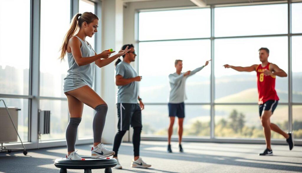 A dynamic sports training facility serves as the backdrop, filled with bright, natural light streaming through large windows. In the foreground, two athletes engaged in vision therapy, wearing modest athletic attire, focus on convergence exercises with colorful therapy tools. One athlete, a young woman, practices balancing on a wobble board while maintaining eye contact with an object held by a coach. In the middle ground, a male athlete demonstrates the vestibulo-ocular reflex (VOR) by tracking a moving target, showing determination and concentration. Rolling hills and trees are faintly visible through the windows, creating a serene atmosphere. The composition is captured with a slightly elevated angle, highlighting the athletes’ movements and creating a sense of action and purpose, emphasizing the importance of vision therapy in sports rehabilitation. A dynamic sports training facility serves as the backdrop, filled with bright, natural light streaming through large windows. In the foreground, two athletes engaged in vision therapy, wearing modest athletic attire, focus on convergence exercises with colorful therapy tools. One athlete, a young woman, practices balancing on a wobble board while maintaining eye contact with an object held by a coach. In the middle ground, a male athlete demonstrates the vestibulo-ocular reflex (VOR) by tracking a moving target, showing determination and concentration. Rolling hills and trees are faintly visible through the windows, creating a serene atmosphere. The composition is captured with a slightly elevated angle, highlighting the athletes’ movements and creating a sense of action and purpose, emphasizing the importance of vision therapy in sports rehabilitation.