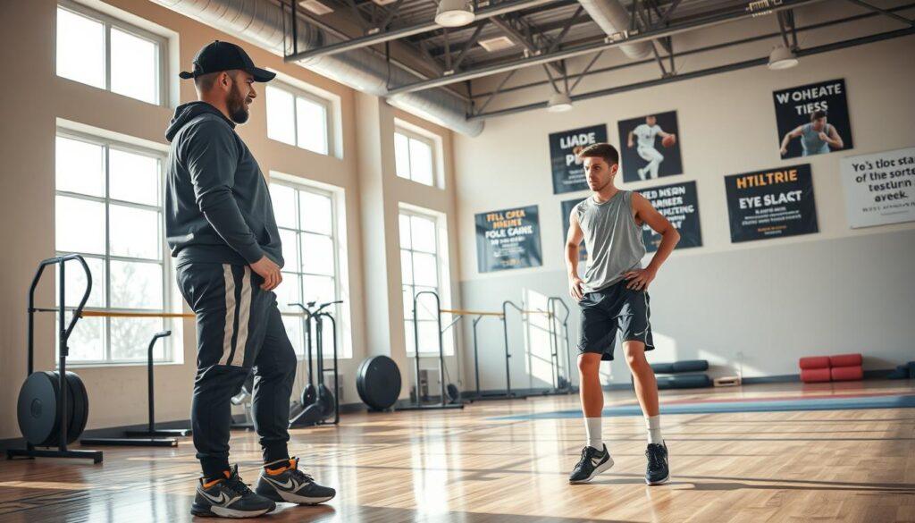 A sports trainer conducting a post-injury screening session in a well-lit gym environment. In the foreground, the trainer, wearing professional athletic gear, is attentively observing a young athlete performing cardio ball tracking decision drills, focusing on their hand-eye coordination and agility. The athlete, dressed in modest athletic clothing, is engaged in a dynamic exercise, evoking a sense of determination and recovery. In the background, exercise equipment and motivational posters related to sports rehabilitation create an encouraging atmosphere. Soft, natural light filters through large windows, casting gentle shadows on the polished wooden floor, highlighting the intensity of the workout and the progressive nature of the training regimen. The overall mood conveys hope and resilience, emphasizing the importance of safe return to play after an eye injury.