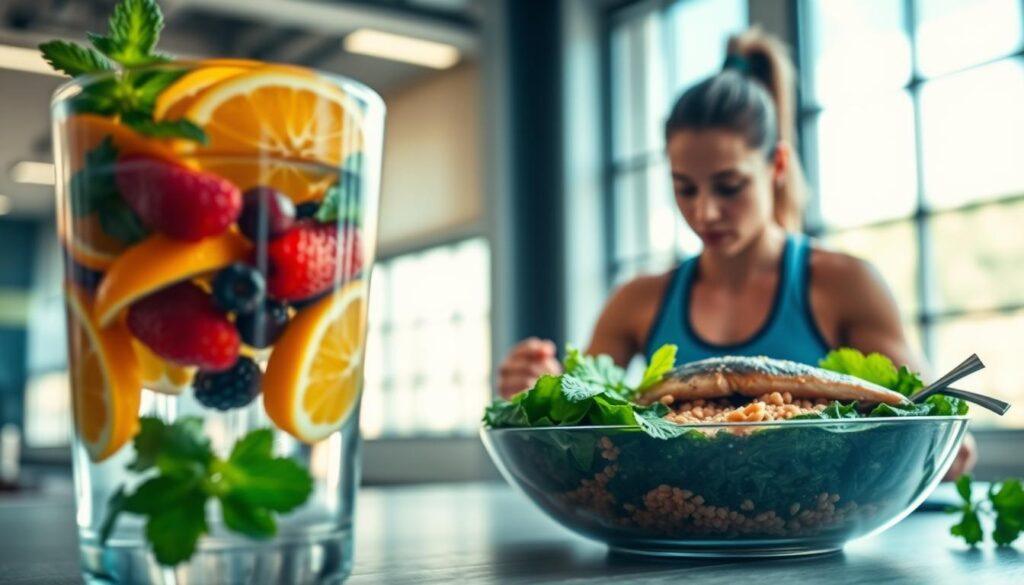 A vibrant, high-resolution image illustrating "hydration vision." In the foreground, showcase a glass of clear, refreshing water filled with colorful, vibrant fruits like oranges, berries, and mint leaves to symbolize nutrition and hydration. In the middle ground, depict a professional athlete, dressed in modest activewear, examining a nutrient-rich meal featuring leafy greens, a bowl of omega-3-rich fish, and a variety of grains. The background should be a softly blurred indoor training facility, with natural light streaming through large windows, creating an uplifting and energetic atmosphere. Employ a shallow depth of field to emphasize the detailed textures of the food and the athlete's focused expression, conveying the importance of balanced macros for eye health and recovery. The overall mood should be inspiring and healthy. A vibrant, high-resolution image illustrating "hydration vision." In the foreground, showcase a glass of clear, refreshing water filled with colorful, vibrant fruits like oranges, berries, and mint leaves to symbolize nutrition and hydration. In the middle ground, depict a professional athlete, dressed in modest activewear, examining a nutrient-rich meal featuring leafy greens, a bowl of omega-3-rich fish, and a variety of grains. The background should be a softly blurred indoor training facility, with natural light streaming through large windows, creating an uplifting and energetic atmosphere. Employ a shallow depth of field to emphasize the detailed textures of the food and the athlete's focused expression, conveying the importance of balanced macros for eye health and recovery. The overall mood should be inspiring and healthy.