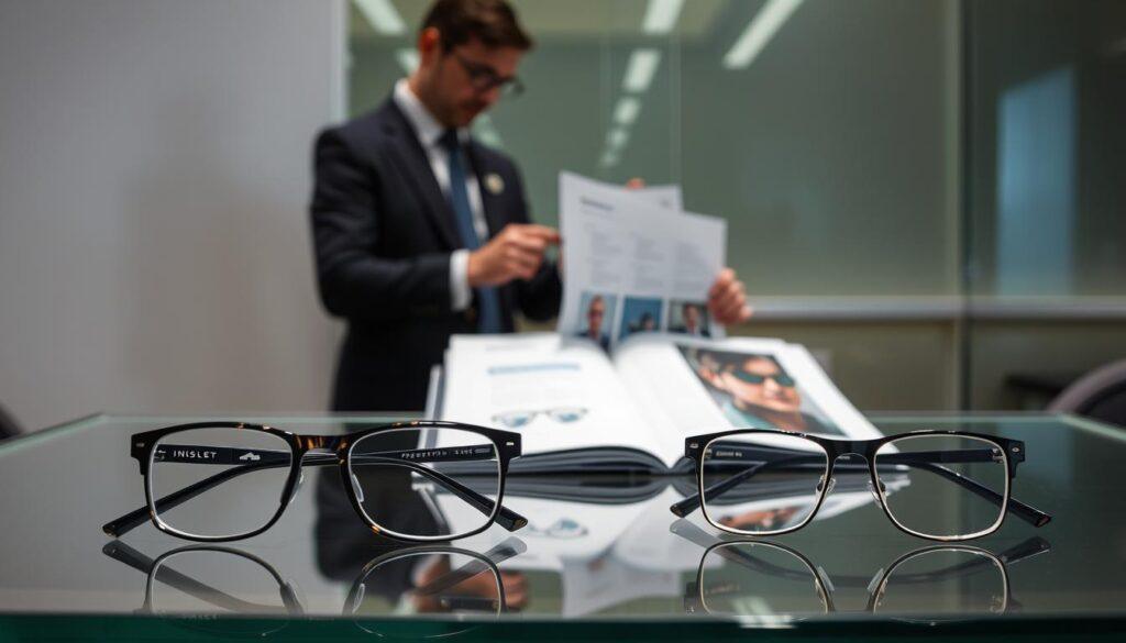 A well-lit, professional setting showcasing a display of protective eyewear options on a sleek glass table. In the foreground, two pairs of eyeglasses: one featuring an insert for prescription lenses, the other a direct prescription pair, clearly highlighting their design differences. The middle ground includes a style guide opened to a diagram illustrating the fitting process for each option. In the background, an abstract blurred image of a healthcare professional in business attire, examining eyewear closely under soft, diffused light. The mood is focused and informative, emphasizing clarity and professionalism, with a neutral color palette to maintain a serious tone. The image should be captured from a slight elevation angle, creating depth and interest. A well-lit, professional setting showcasing a display of protective eyewear options on a sleek glass table. In the foreground, two pairs of eyeglasses: one featuring an insert for prescription lenses, the other a direct prescription pair, clearly highlighting their design differences. The middle ground includes a style guide opened to a diagram illustrating the fitting process for each option. In the background, an abstract blurred image of a healthcare professional in business attire, examining eyewear closely under soft, diffused light. The mood is focused and informative, emphasizing clarity and professionalism, with a neutral color palette to maintain a serious tone. The image should be captured from a slight elevation angle, creating depth and interest.