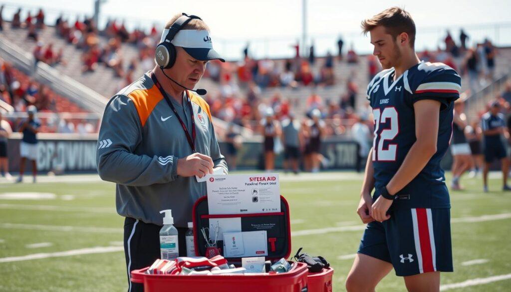 A well-organized sideline first aid setup featuring a coach and an athlete buddy in a sports field environment. In the foreground, the coach, dressed in professional athletic gear with a whistle around their neck, demonstrates proper first aid techniques to the athlete buddy, who is attentively watching, wearing a team jersey and shorts. The middle ground showcases a neatly arranged first aid kit filled with eye care essentials like saline solution, eye pads, and instructions. In the background, blurred spectators cheer, adding a dynamic atmosphere, under bright daylight. The scene captures a sense of teamwork and preparedness, with the focus on the interaction between the coach and athlete, creating an educational vibe while maintaining an energetic sports ambiance. A well-organized sideline first aid setup featuring a coach and an athlete buddy in a sports field environment. In the foreground, the coach, dressed in professional athletic gear with a whistle around their neck, demonstrates proper first aid techniques to the athlete buddy, who is attentively watching, wearing a team jersey and shorts. The middle ground showcases a neatly arranged first aid kit filled with eye care essentials like saline solution, eye pads, and instructions. In the background, blurred spectators cheer, adding a dynamic atmosphere, under bright daylight. The scene captures a sense of teamwork and preparedness, with the focus on the interaction between the coach and athlete, creating an educational vibe while maintaining an energetic sports ambiance.