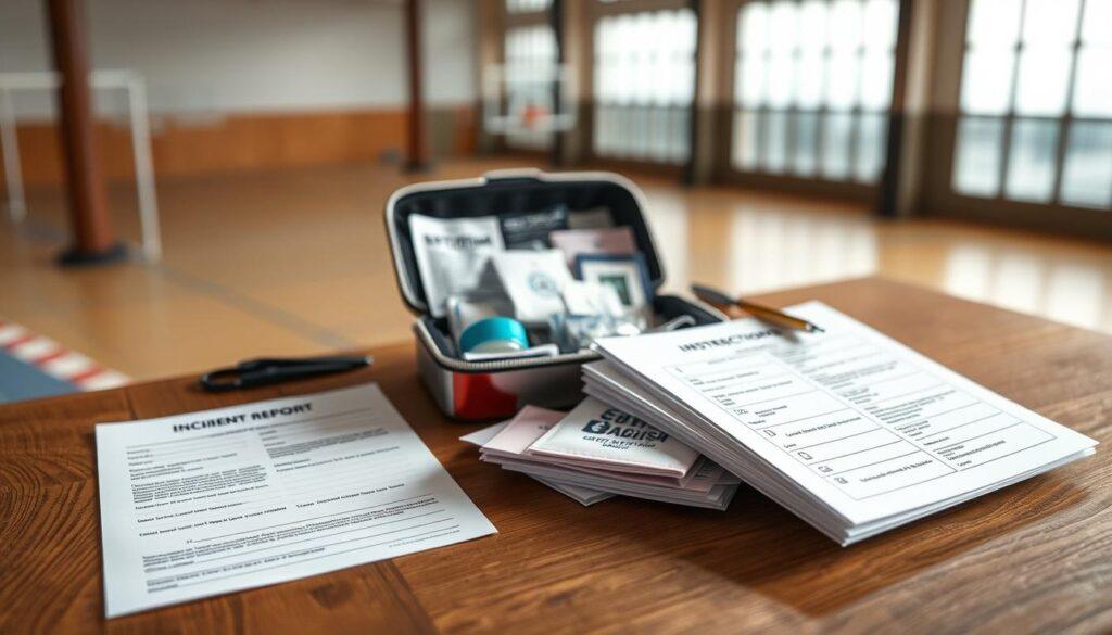 A well-organized sports eye first aid documentation setup on a wooden table. In the foreground, a detailed incident report form with clearly labeled sections, accompanied by caregiver instructions printed on quality paper. The middle of the scene features an open first aid kit displaying essential supplies like eye wash solution, gauze pads, and tweezers, all neatly arranged. The background includes a blurred indoor sports facility with soft, diffused lighting enhancing the professional atmosphere. The table is slightly angled to capture the documents and kit clearly from an overhead perspective, creating a sense of accessibility and readiness for use. Overall, the mood conveys preparedness and professionalism in addressing sports-related eye injuries. A well-organized sports eye first aid documentation setup on a wooden table. In the foreground, a detailed incident report form with clearly labeled sections, accompanied by caregiver instructions printed on quality paper. The middle of the scene features an open first aid kit displaying essential supplies like eye wash solution, gauze pads, and tweezers, all neatly arranged. The background includes a blurred indoor sports facility with soft, diffused lighting enhancing the professional atmosphere. The table is slightly angled to capture the documents and kit clearly from an overhead perspective, creating a sense of accessibility and readiness for use. Overall, the mood conveys preparedness and professionalism in addressing sports-related eye injuries.