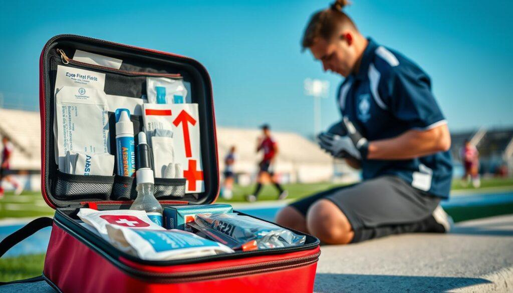 A well-organized sports eye first aid kit displayed prominently on a bright sideline. In the foreground, the kit is open, revealing various medical supplies such as sterile gauze, saline solution, and an eye wash bottle. In the middle ground, a poised first aid responder is examining a sports player's eye with focused attention, wearing a professional uniform and gloves, showing care and expertise. The background features a blurred sports field with players in action, under clear blue skies, suggesting an active environment. Soft, natural lighting highlights the urgency without being harsh, creating a serious but reassuring atmosphere. The overall scene conveys the importance of proper eye care protocols in sports without any distractions or additional elements. A well-organized sports eye first aid kit displayed prominently on a bright sideline. In the foreground, the kit is open, revealing various medical supplies such as sterile gauze, saline solution, and an eye wash bottle. In the middle ground, a poised first aid responder is examining a sports player's eye with focused attention, wearing a professional uniform and gloves, showing care and expertise. The background features a blurred sports field with players in action, under clear blue skies, suggesting an active environment. Soft, natural lighting highlights the urgency without being harsh, creating a serious but reassuring atmosphere. The overall scene conveys the importance of proper eye care protocols in sports without any distractions or additional elements.