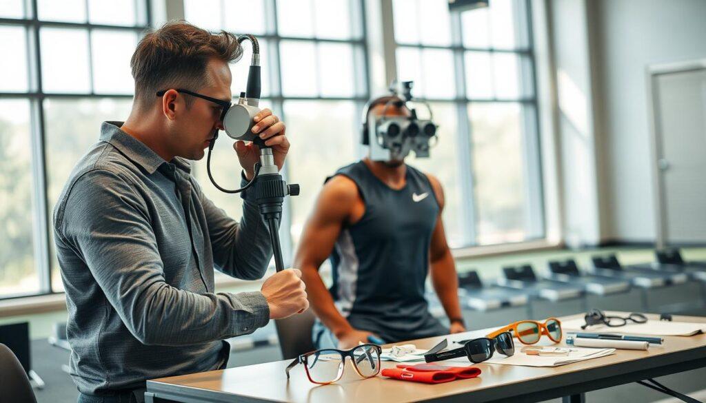 An optometry sports scene featuring a professional sports vision specialist examining an athlete's eyesight during a training session. In the foreground, the specialist, wearing a smart casual outfit, carefully adjusts a high-tech eye examination device while the focused athlete, dressed in athletic gear, sits in front of it. In the middle ground, a table displays various protective eyewear, therapy exercises, and vision training tools, highlighting the range of treatment pathways. The background features a well-lit training facility with large windows allowing natural light to flood in, enhancing the atmosphere of professionalism and focus. The overall mood is one of dedication and innovation, emphasizing the importance of sports vision care in enhancing athletic performance. An optometry sports scene featuring a professional sports vision specialist examining an athlete's eyesight during a training session. In the foreground, the specialist, wearing a smart casual outfit, carefully adjusts a high-tech eye examination device while the focused athlete, dressed in athletic gear, sits in front of it. In the middle ground, a table displays various protective eyewear, therapy exercises, and vision training tools, highlighting the range of treatment pathways. The background features a well-lit training facility with large windows allowing natural light to flood in, enhancing the atmosphere of professionalism and focus. The overall mood is one of dedication and innovation, emphasizing the importance of sports vision care in enhancing athletic performance.