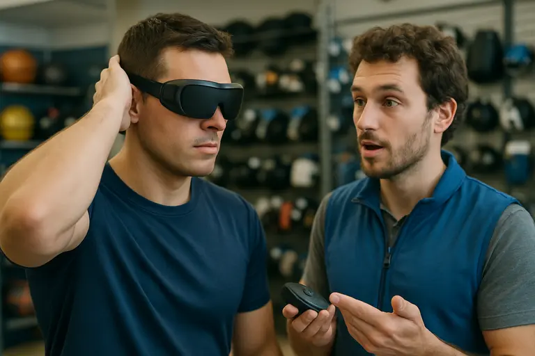 Athlete adjusting sports vision glasses before a supervised drill