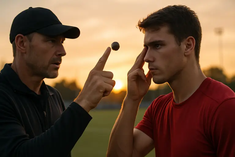 Athlete completes a vision task while a clinician observes from beside the station