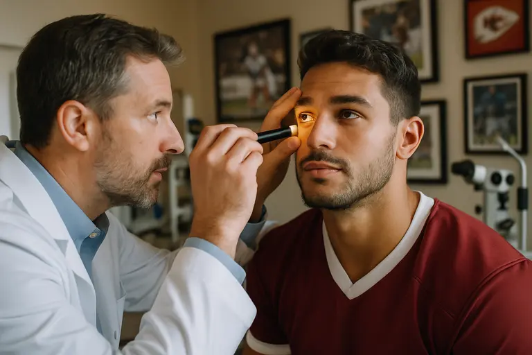 Athlete completing a vision assessment in a sports medicine clinic