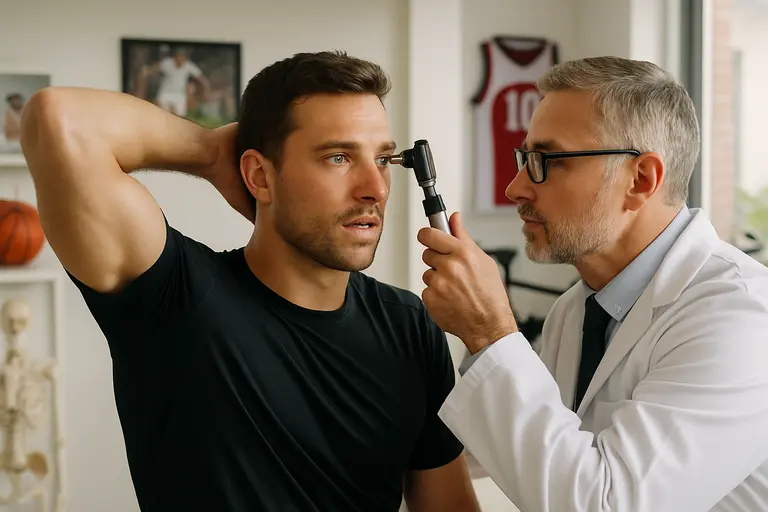 Athlete performing a visual field test while a clinician monitors results