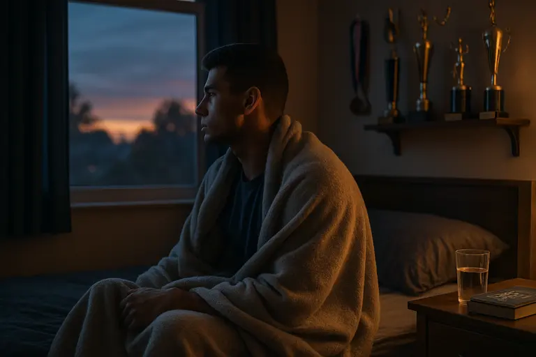 Athlete placing a phone away from the bed before sleep