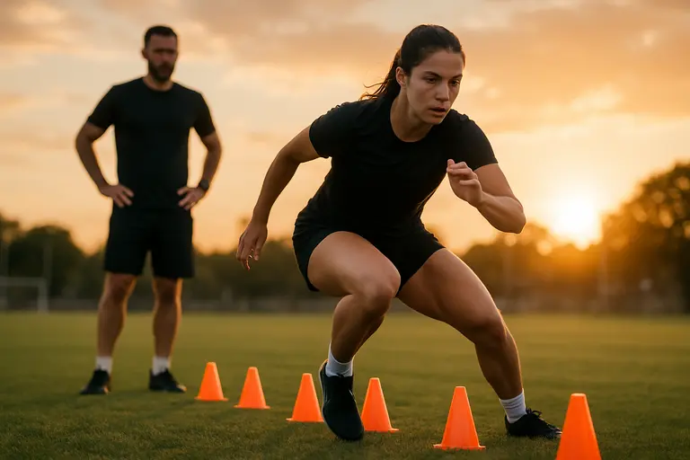 Athlete practicing controlled balance drills near a support rail