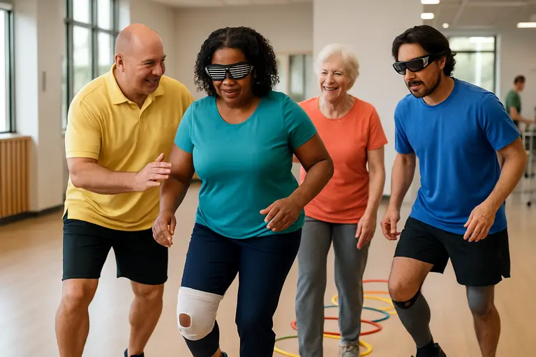 Athlete tries on strobe eyewear while discussing fit with a therapist