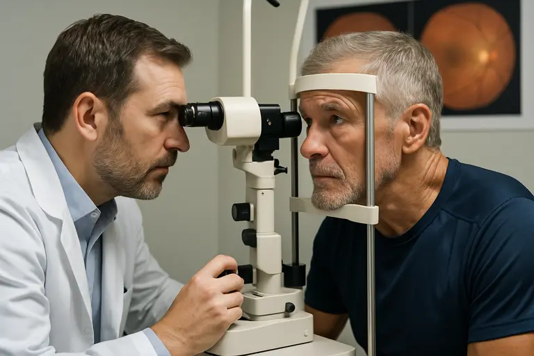 Clinician calibrating an eye tracking device before a vision task
