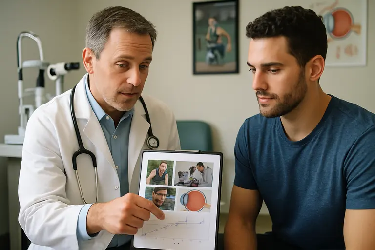 Clinician discusses eye safety data with a patient in an exam room