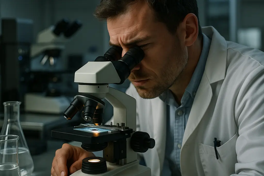 Researcher studies glaucoma mechanism data beside retinal images in a sports vision lab