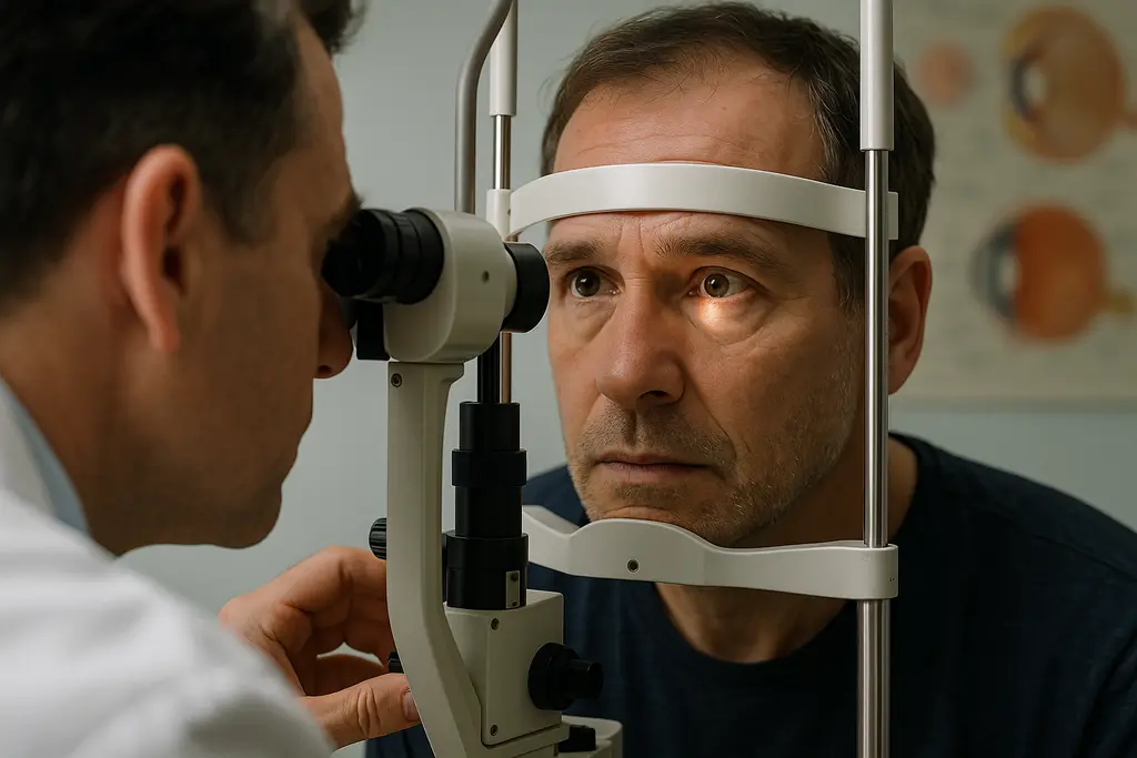 normal tension glaucoma exam with an athlete reviewing peripheral vision results