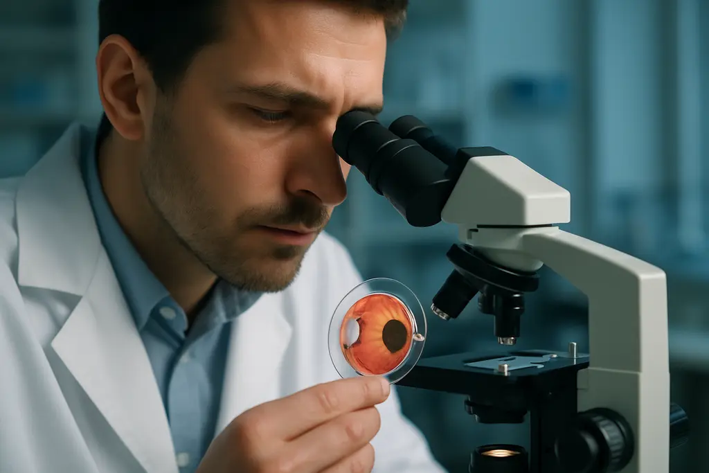 Clinician reviews sclera glaucoma therapies with an eye model and research papers