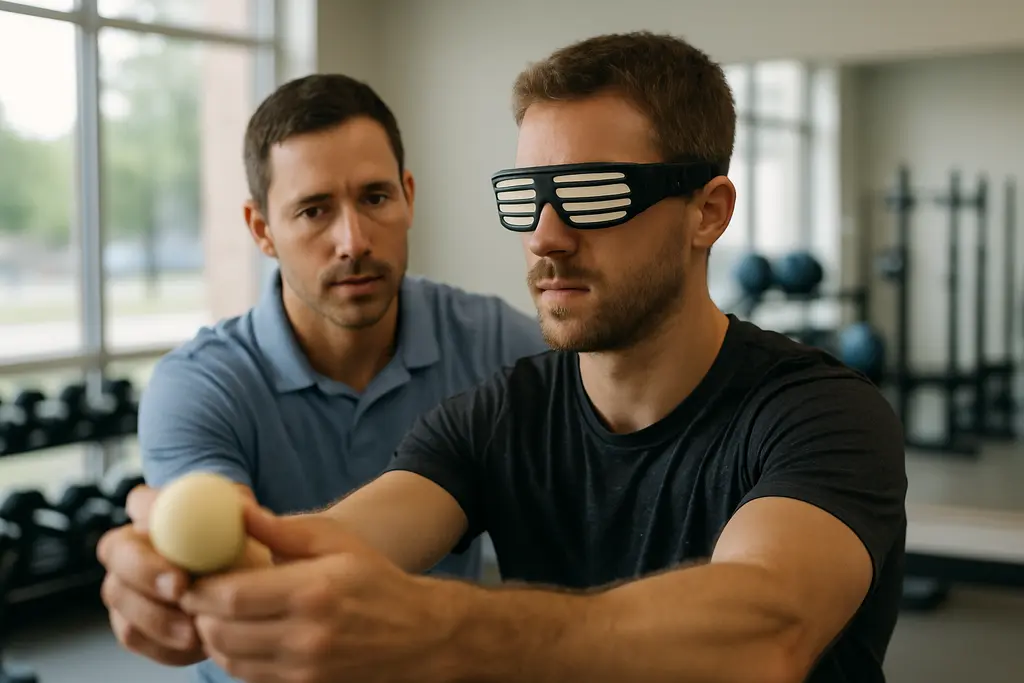 Stroboscopic Training Barriers shown by an athlete using strobe eyewear in a supervised rehab drill