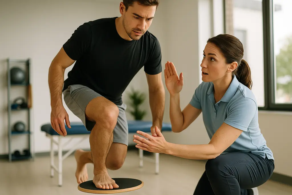Athlete balancing on one foot during vision ankle stability rehab in a clinic