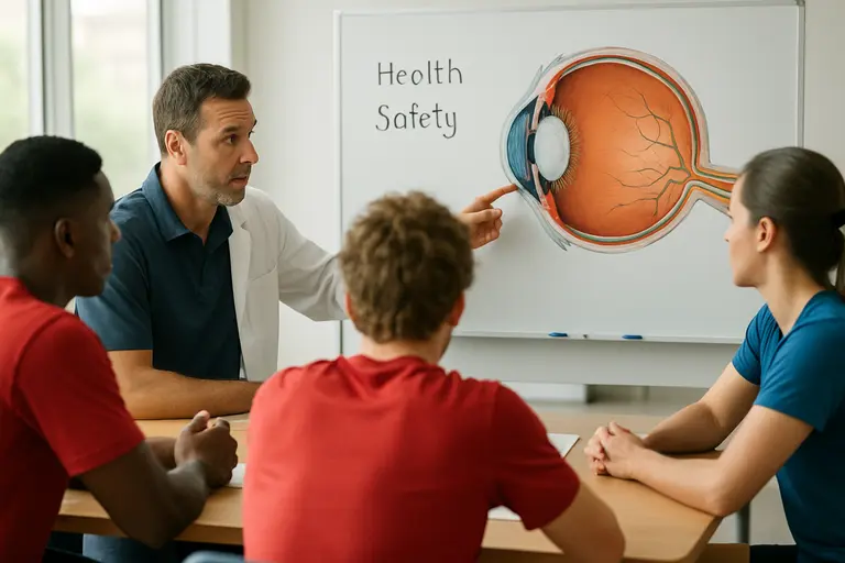 Coach and adult athlete discussing eye protection near a practice field