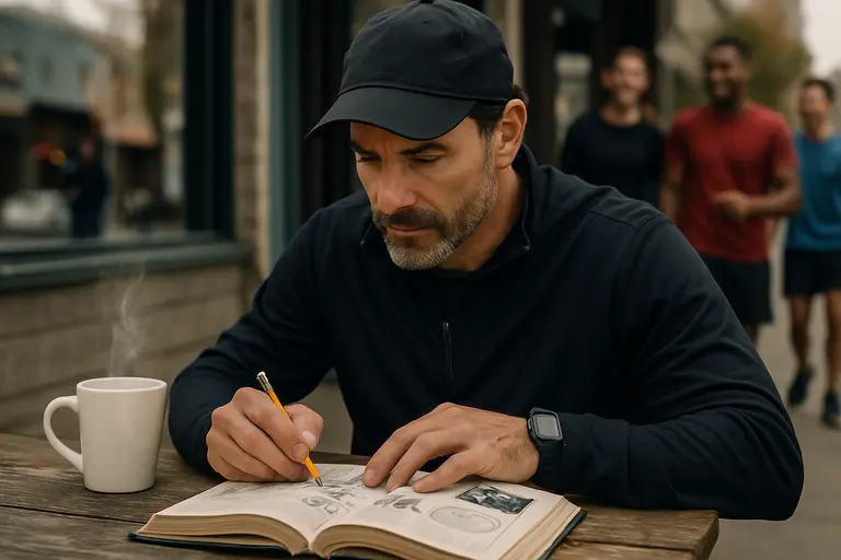 Coach and clinician reviewing athlete performance notes beside a training court