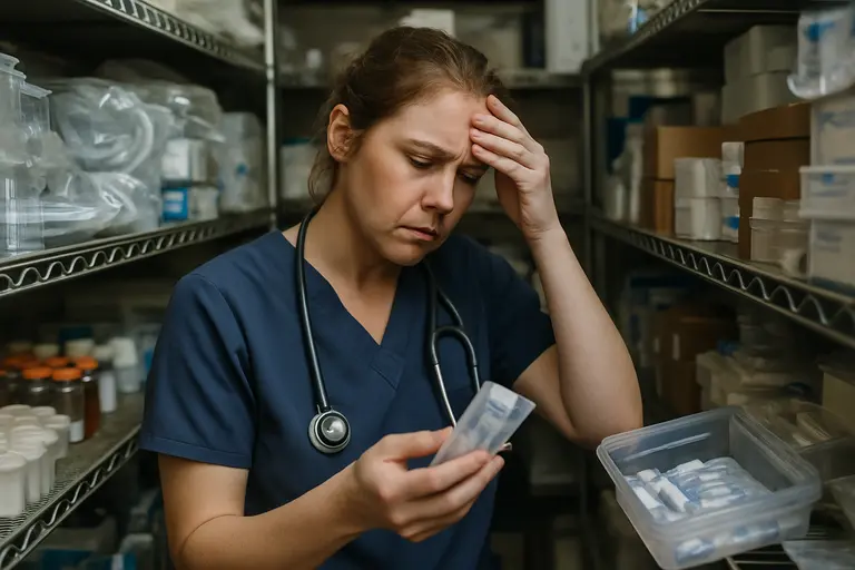 Nurse reviewing an electronic ICU record with eye care supplies nearby