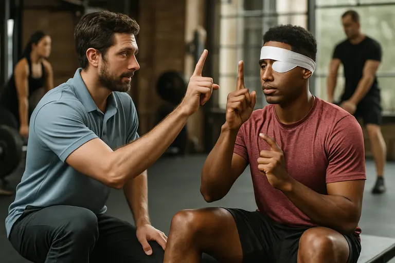 Athletic trainer taking notes as an athlete tests vision under indoor lights