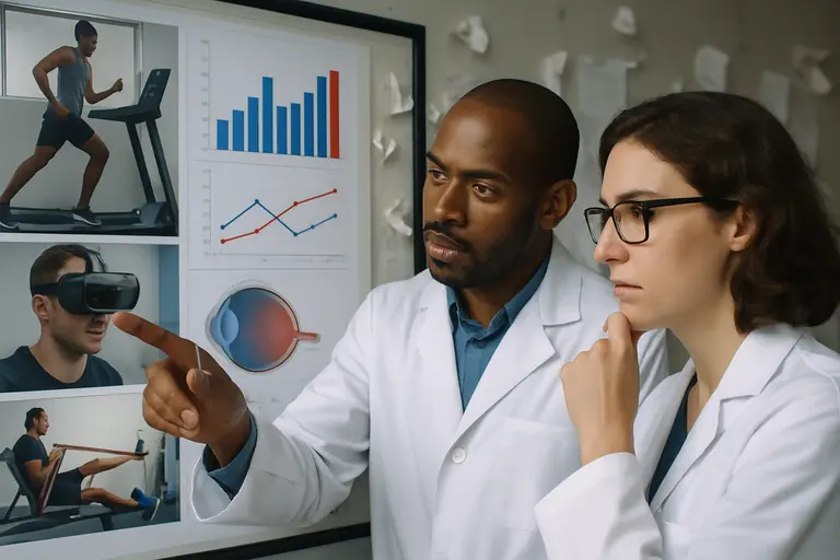 Clinician explaining an eye chart to an adult patient in a quiet exam room