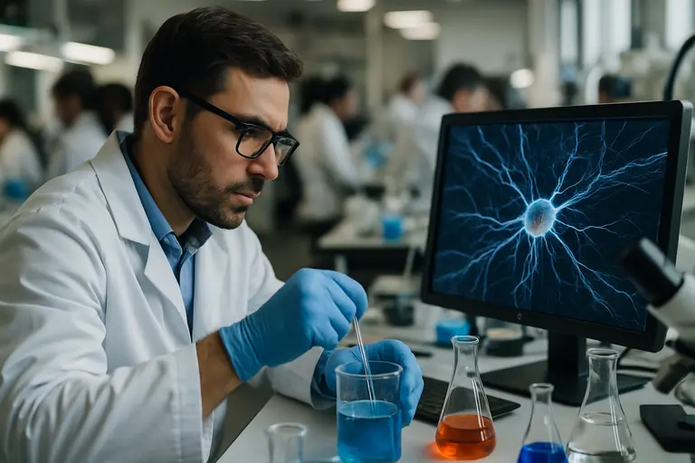 Researcher examining retinal images on a laboratory monitor
