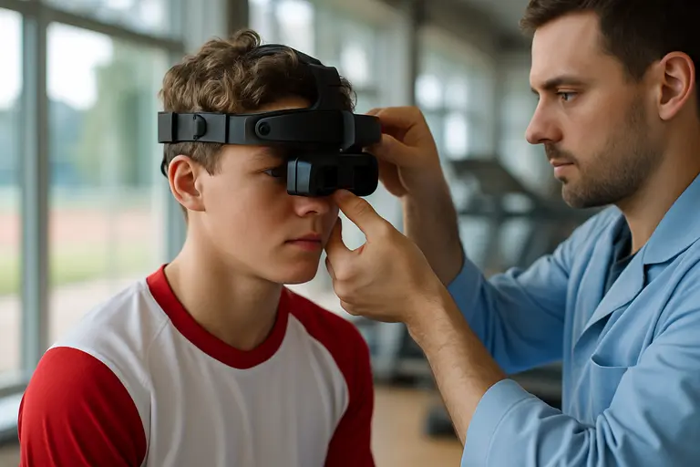 Athlete discussing eye imaging results with a clinician in an exam room