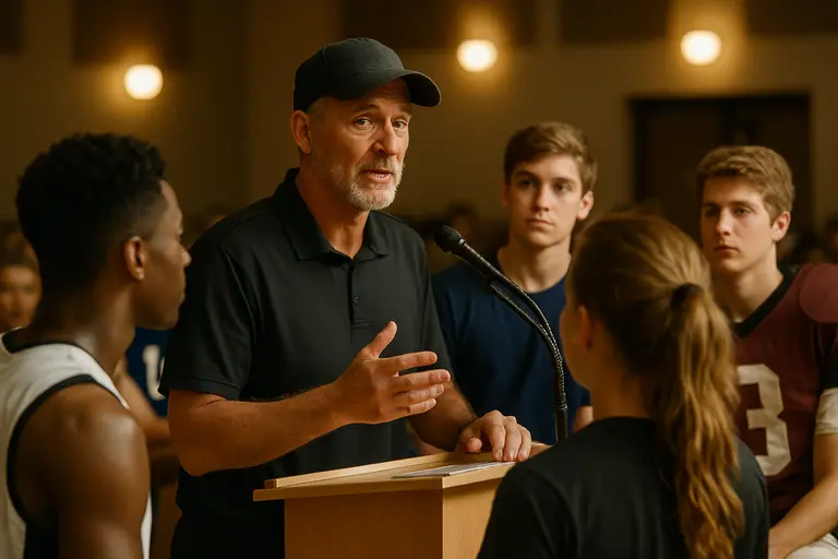 Coach and students discussing screen breaks after a study session
