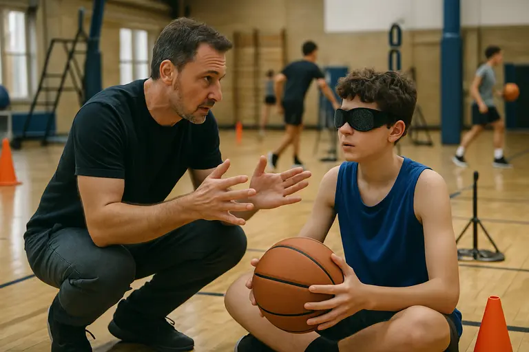 Coach recording athlete drill results beside wearable training equipment