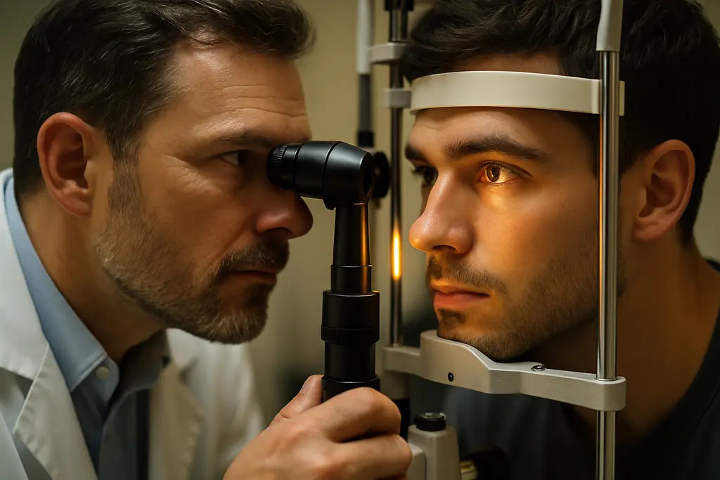 Clinician reviewing eye health assessments with a patient in a quiet exam room