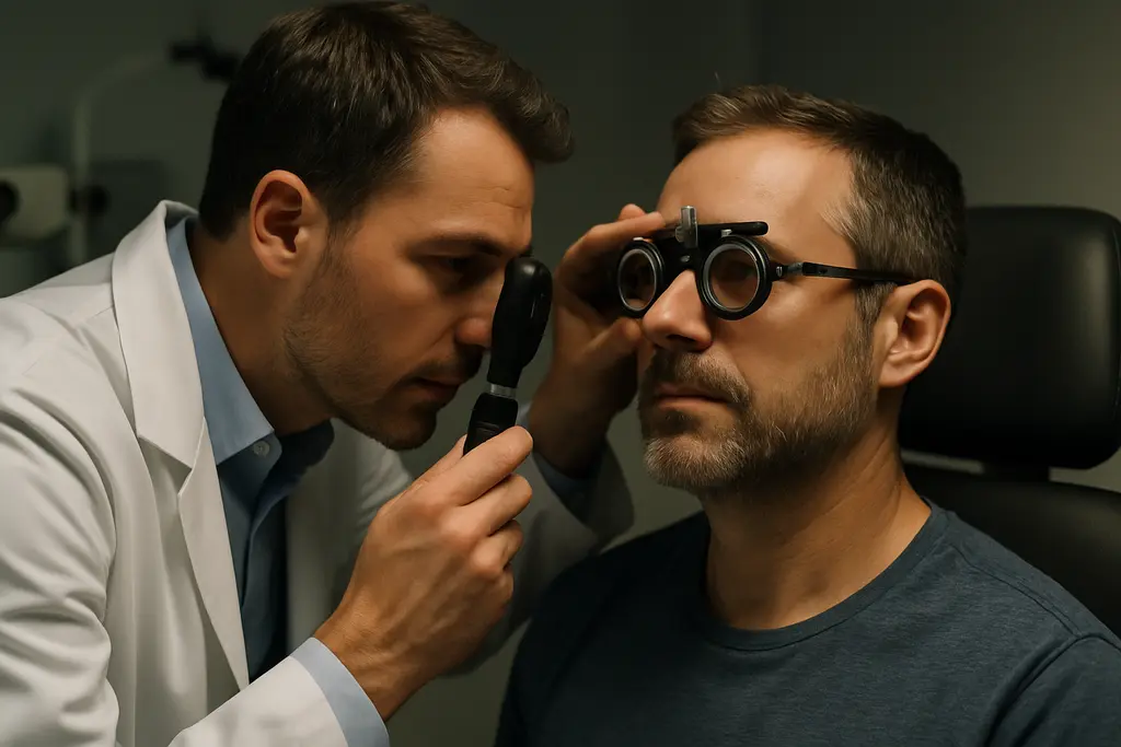 Clinician reviewing glaucoma suspect monitoring results with an active adult patient