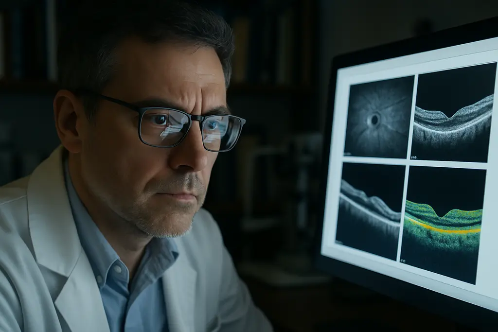 OCTA glaucoma progression scan review in an eye clinic with a patient and clinician