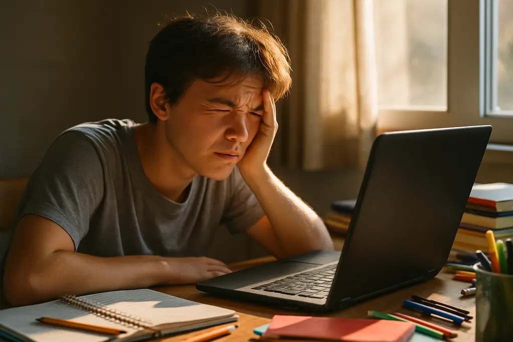 Student eye strain discussion with students resting eyes near laptops