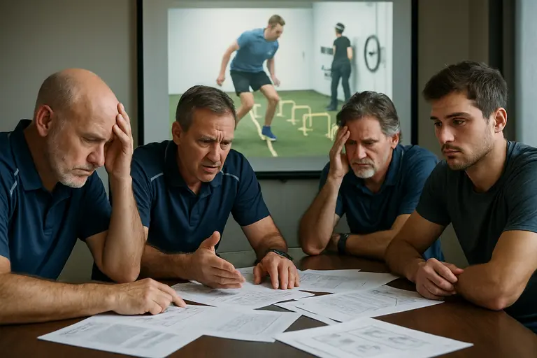 Team staff compare athlete reaction data after a controlled practice session