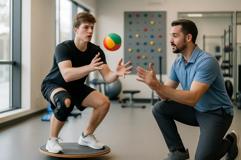 Athlete doing Visual Cognitive Training during supervised ACL rehab in a gym