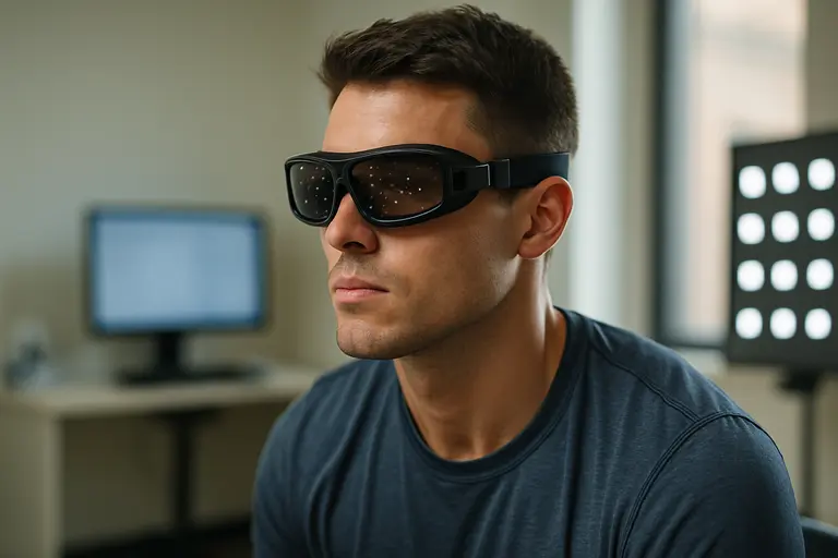 Athlete wearing protective eyewear during visual performance testing in a clinic