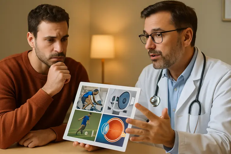Clinical team discussing eye trial data with charts and retinal images