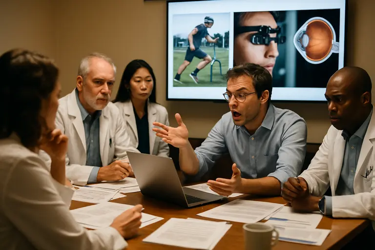 Clinician discusses glaucoma treatment options with a myopic athlete
