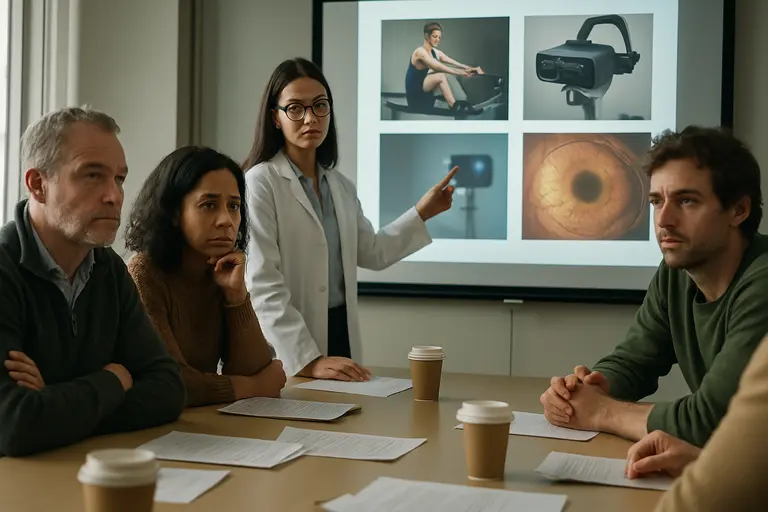 Clinician reviewing glaucoma imaging results with a patient in an exam room