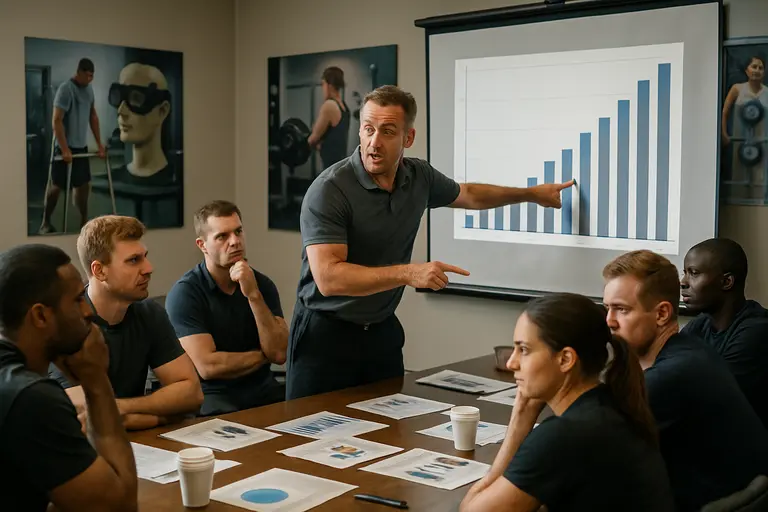 Coach and athlete reviewing a symptom log beside training equipment