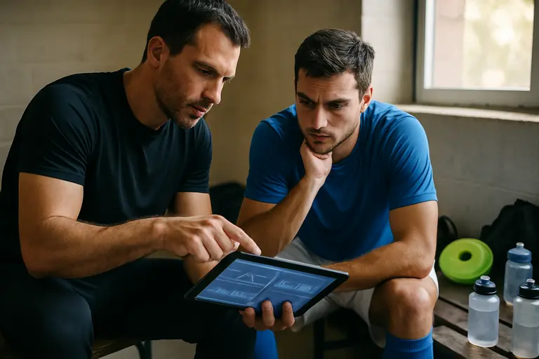Coach recording training notes while soccer athletes perform a supervised vision drill