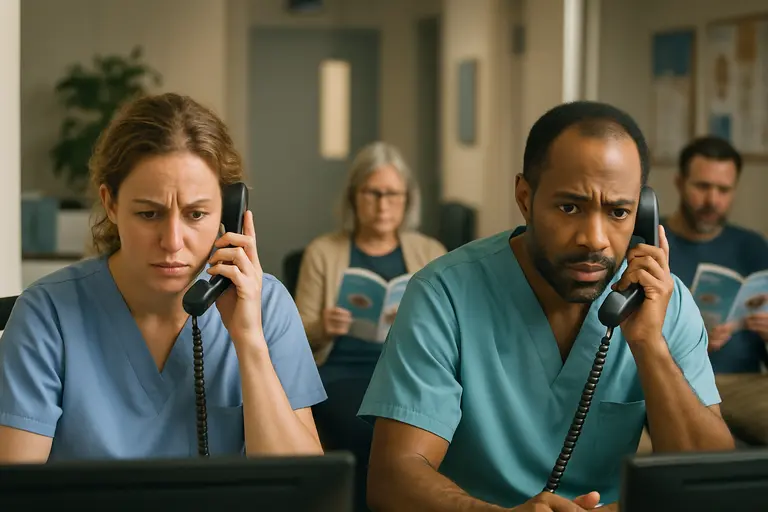 Eye clinic staff coordinating imaging schedules and patient follow-up at a desk