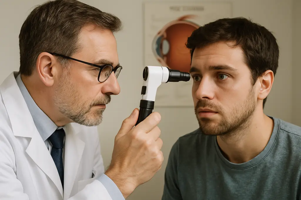 Glaucoma Follow-Up Visits chart beside eye exam tools in a clinic