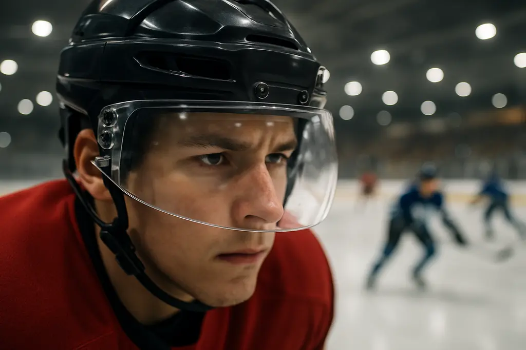 Youth hockey player wearing a cage helmet during Hockey Eye Trauma safety practice